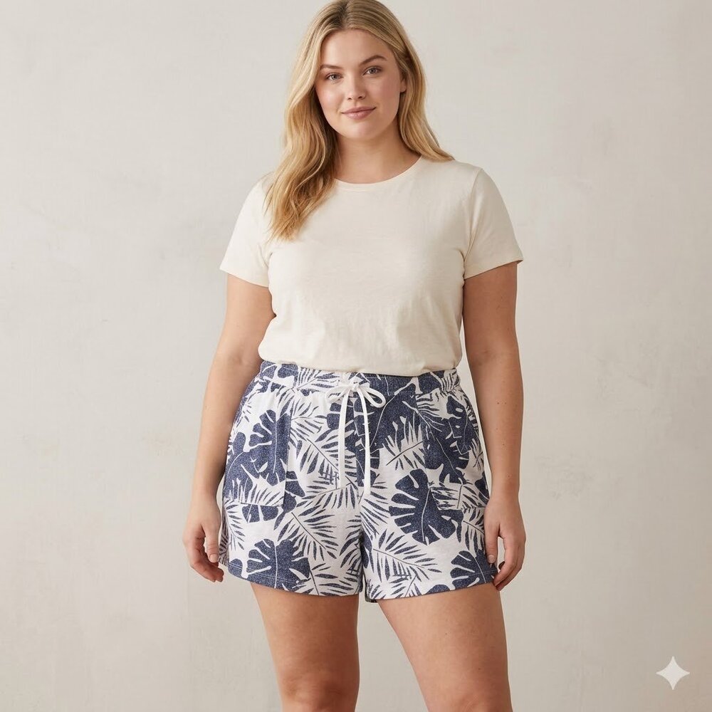 Nautica XXL Palm Leaf Tropical Print Pull On Tie Shorts Blue White NWT